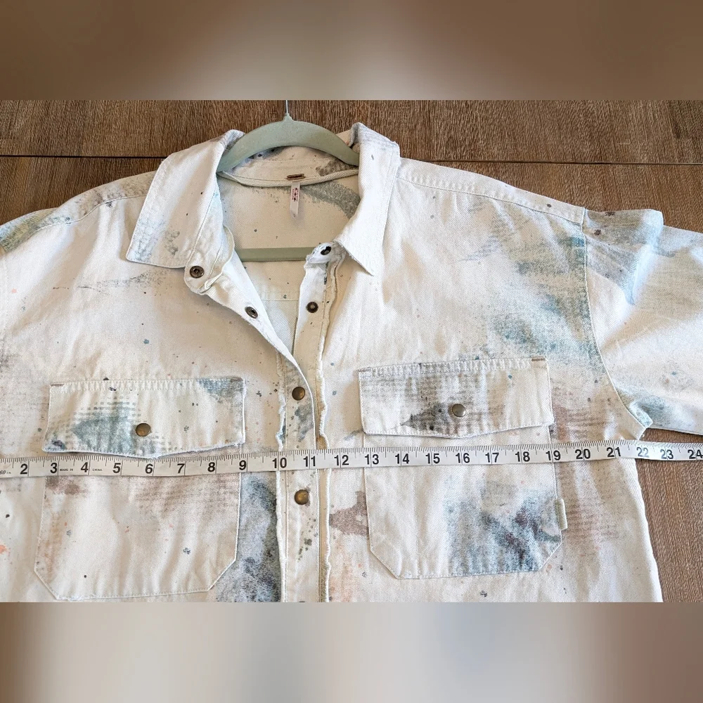 Free People Sunshine Fields Buttondown Top Splatter Denim Jacket Size S
